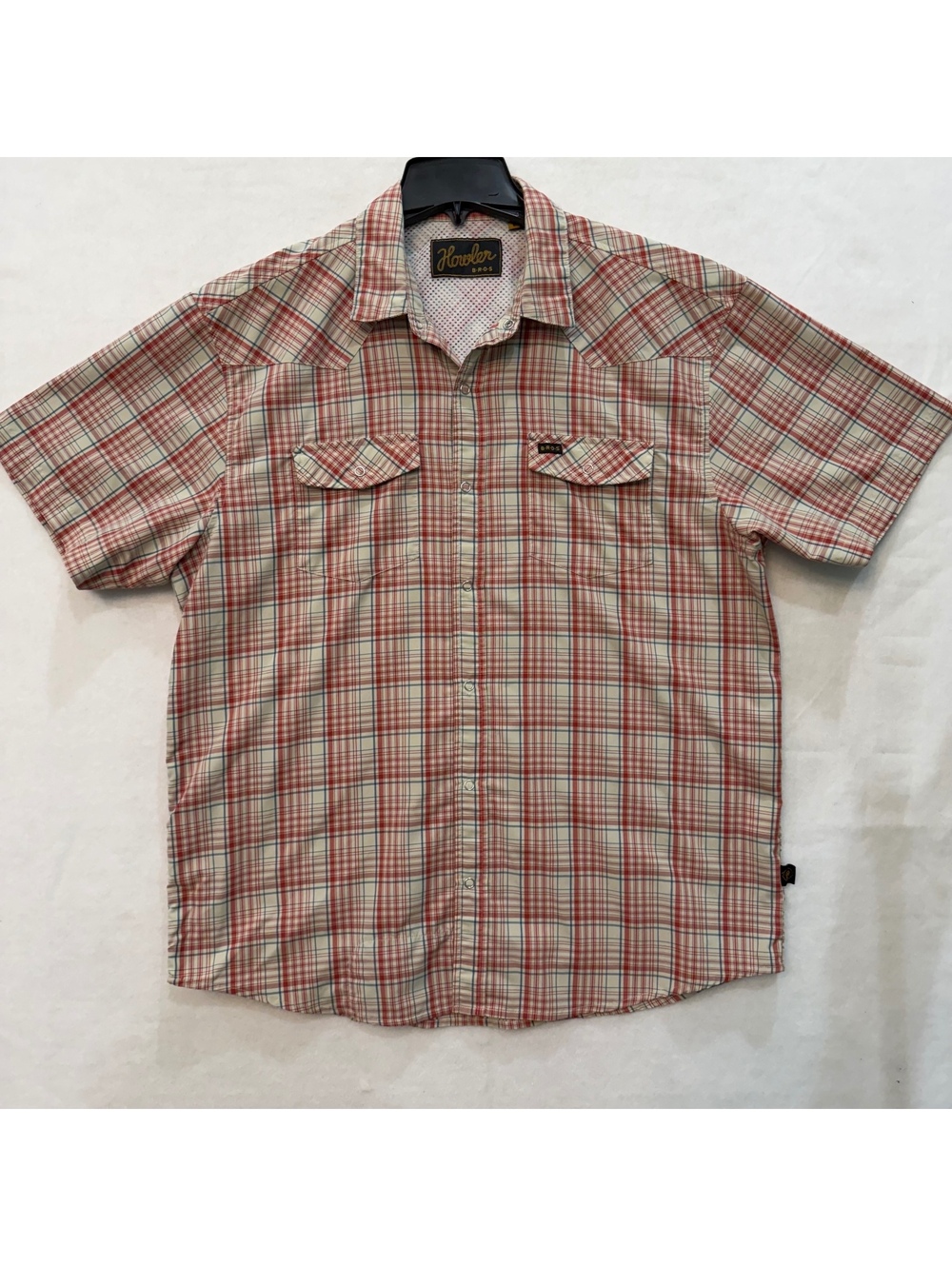 Howler Brothers Mens LARGE H Bar B Tech Snap Shirt Plaid Red Blue Cream S Sleeve